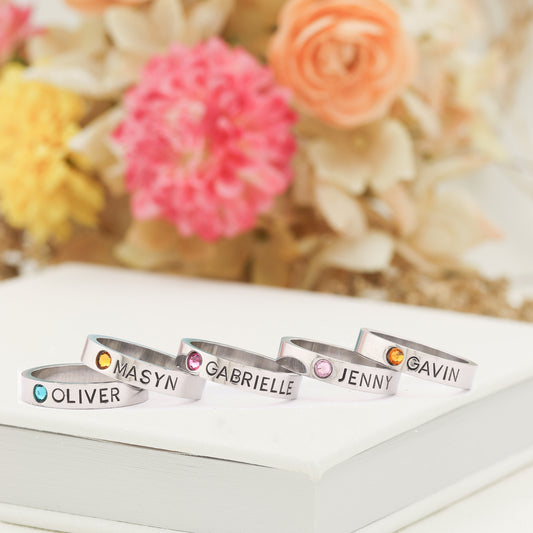 Mothers Birthstone Ring - Hand Stamped Ring, Personalized ring, Stacking mothers rings, stamped name ring - Name Birthstone Ring