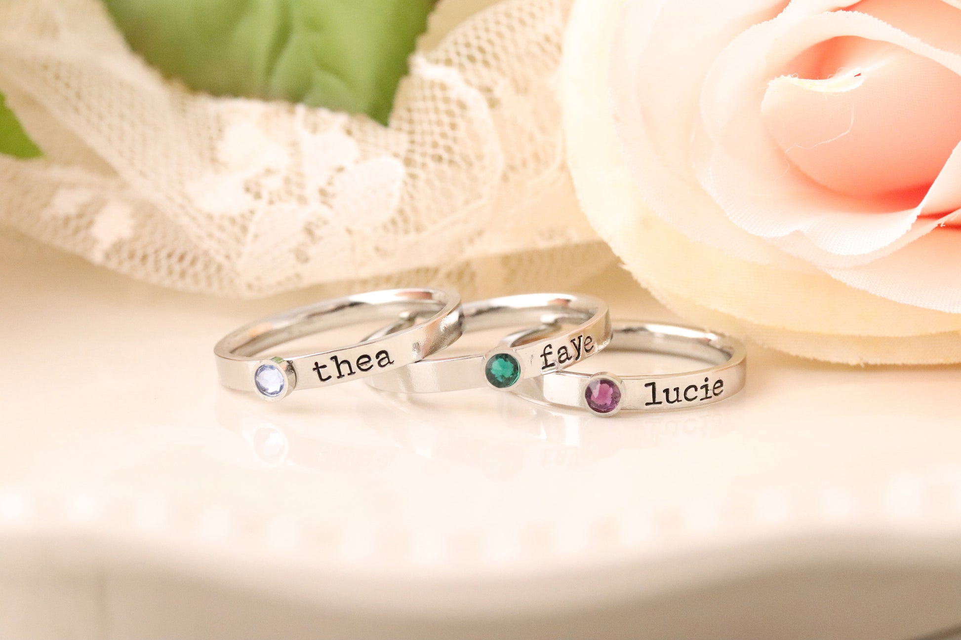Stackable Mothers Ring - Name Birthstone Ring - RIng with Names and Birthstones, Personalized ring Stacking mothers rings, stamped name ring